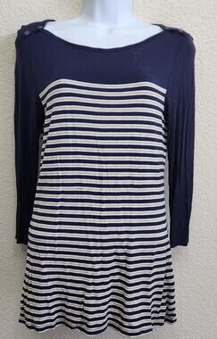 Max Studios Blue White Gold Striped Boat Neck Top Small Lightweight 3/4 Sleeves